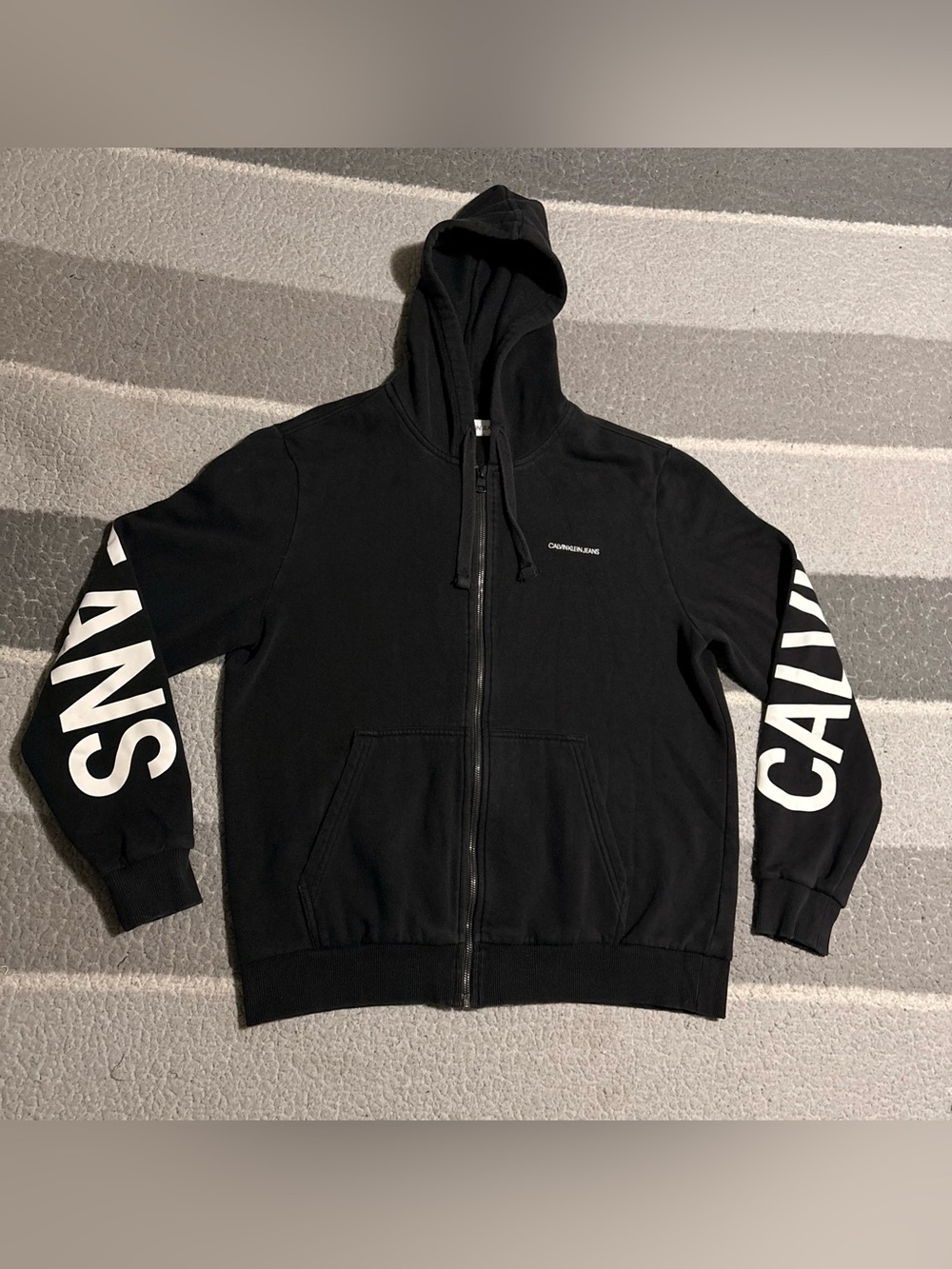 Calvin Klein Jeans Unisex Large Black Full-Zip Hoodie w/ Iconic Logo On Sleeves
